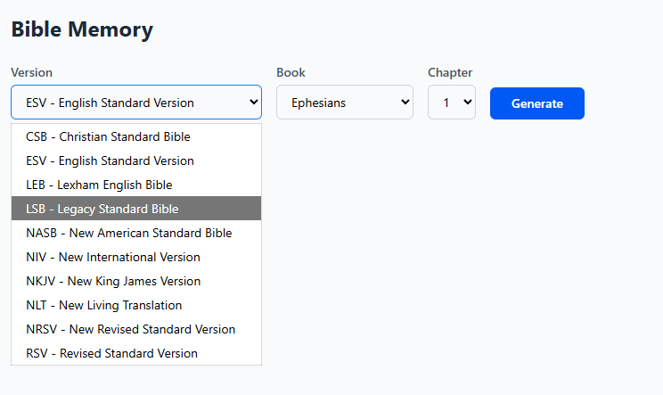 Bible Memory book and chapter selection interface
