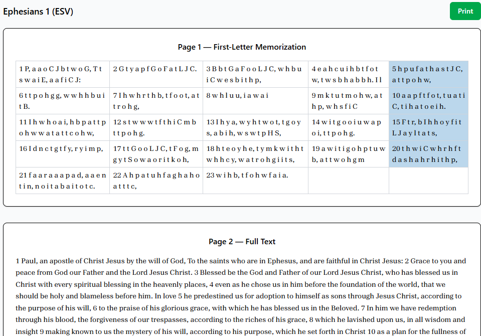 Bible Memory Ephesians 1 first-letter memorization sheet with full text