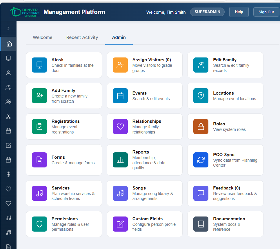 Church Management Platform admin dashboard showing module cards for kiosk, events, people, services, forms, and more