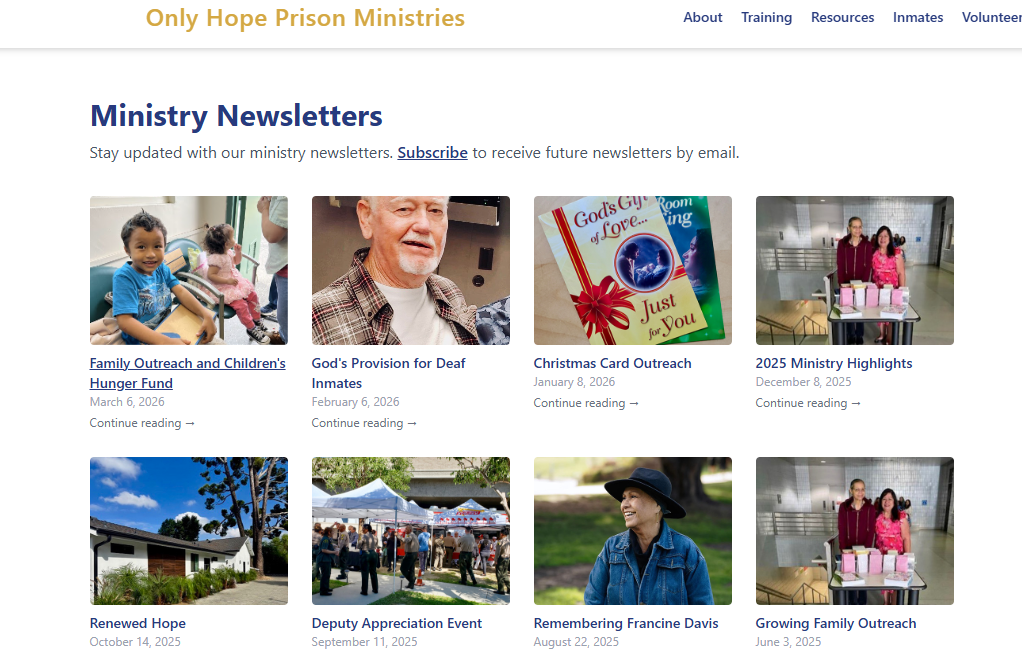 OHPM Website ministry newsletters page with photo grid