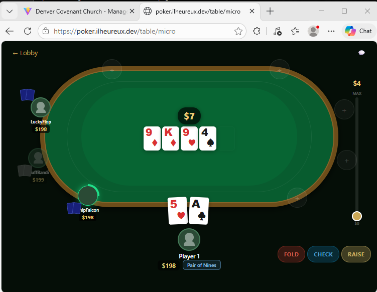 Texas Hold'em game table with cards, chips, and AI opponents